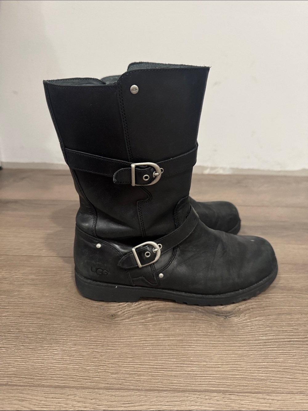 UGG Black Leather Buckle Mid-Calf Boots